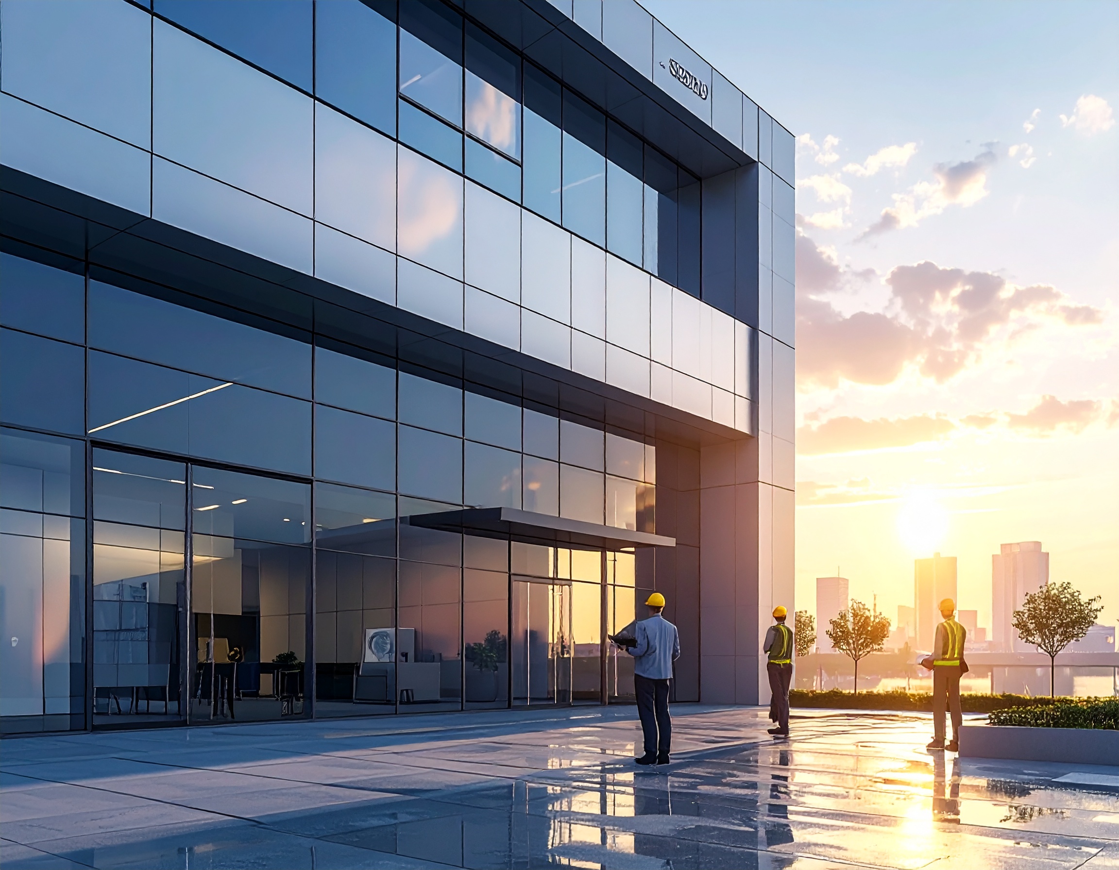 Firefly_Опис- Офісна будівля з логотипом SOPREMA, сучасний дизайн фасаду, поруч — технічні сп 632067